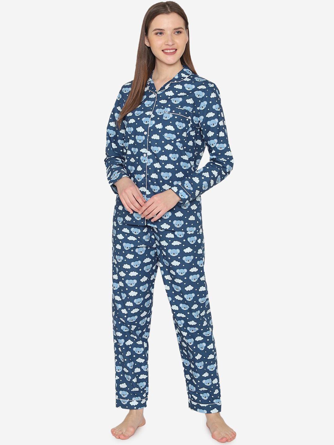 Fluffalump Women Navy Blue Printed Night suit Price in India