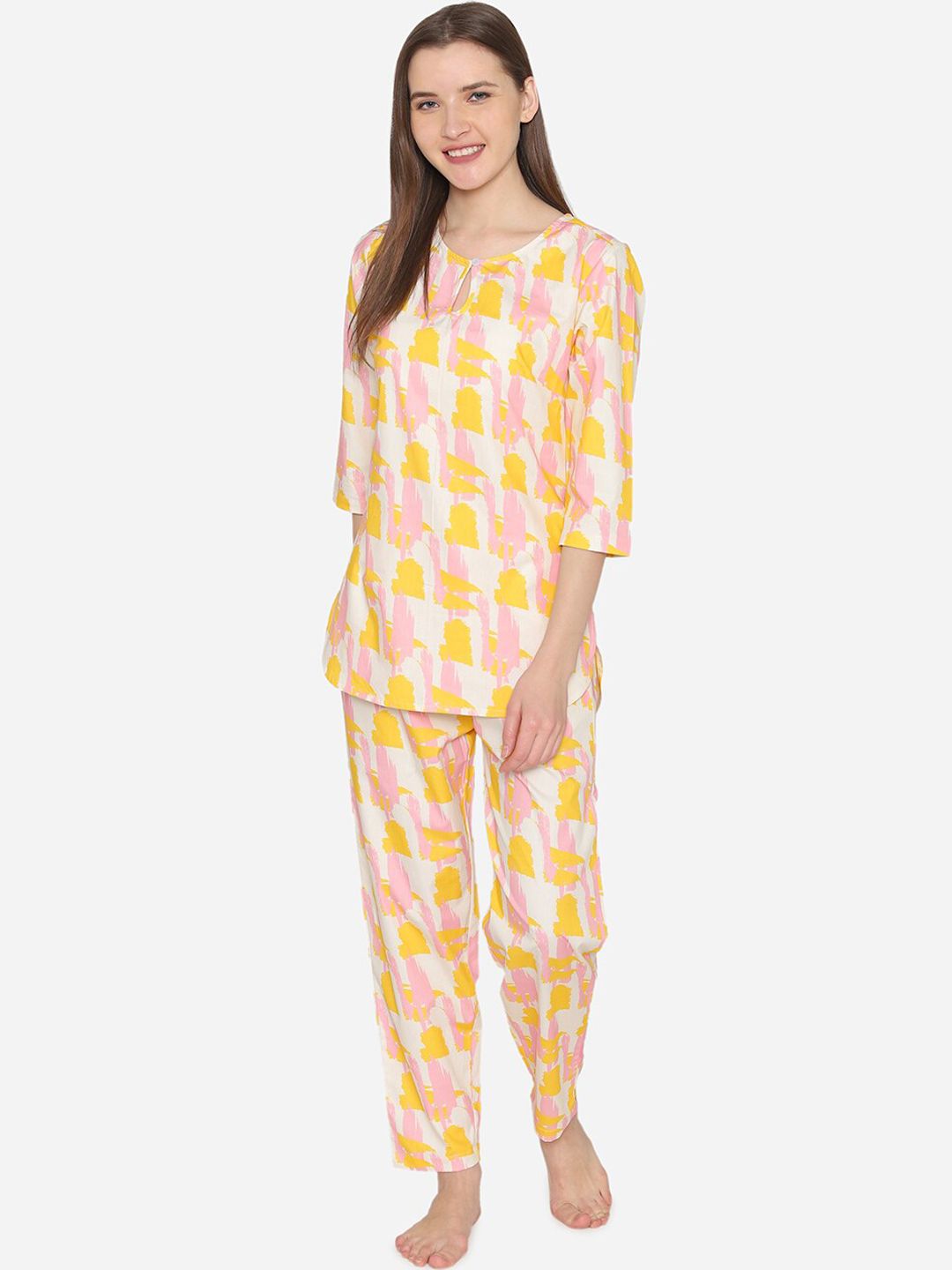 Fluffalump Women Off-White & Yellow Printed Night suit Price in India