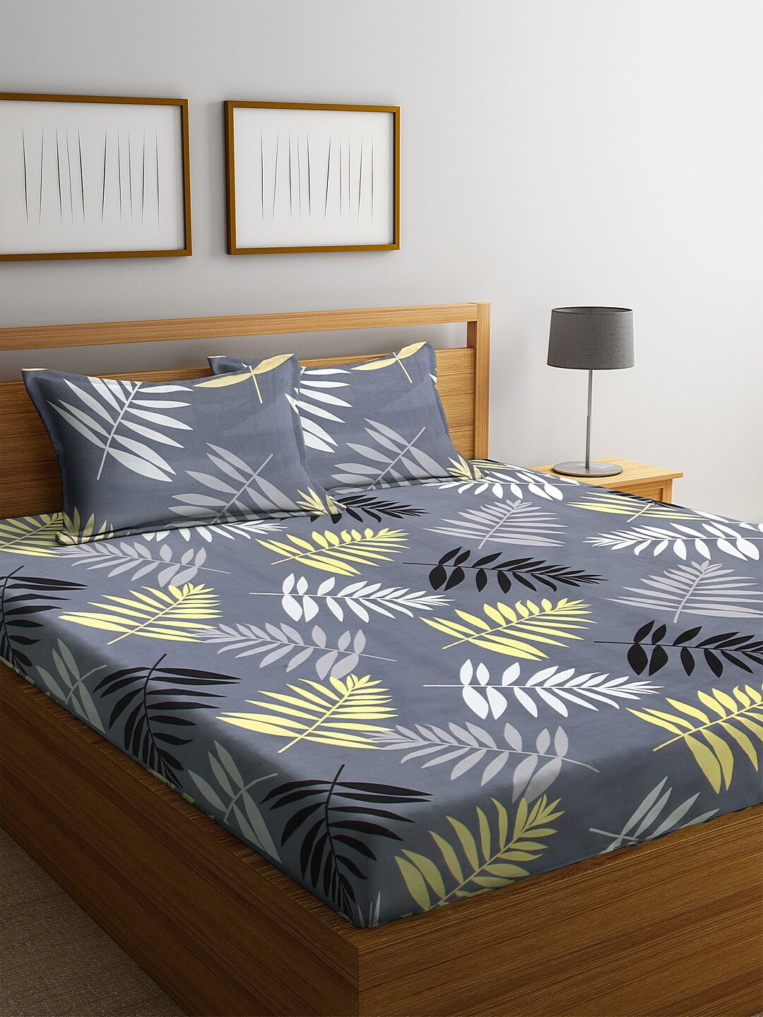 KLOTTHE Grey & Yellow Printed 210 TC Cotton Double King Bedsheet With 2 Pillow Covers Price in India