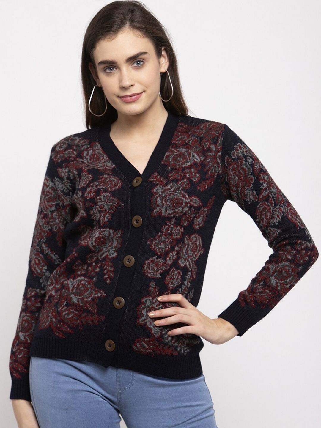 Kalt Women Black & Maroon Self Design Cardigan Price in India