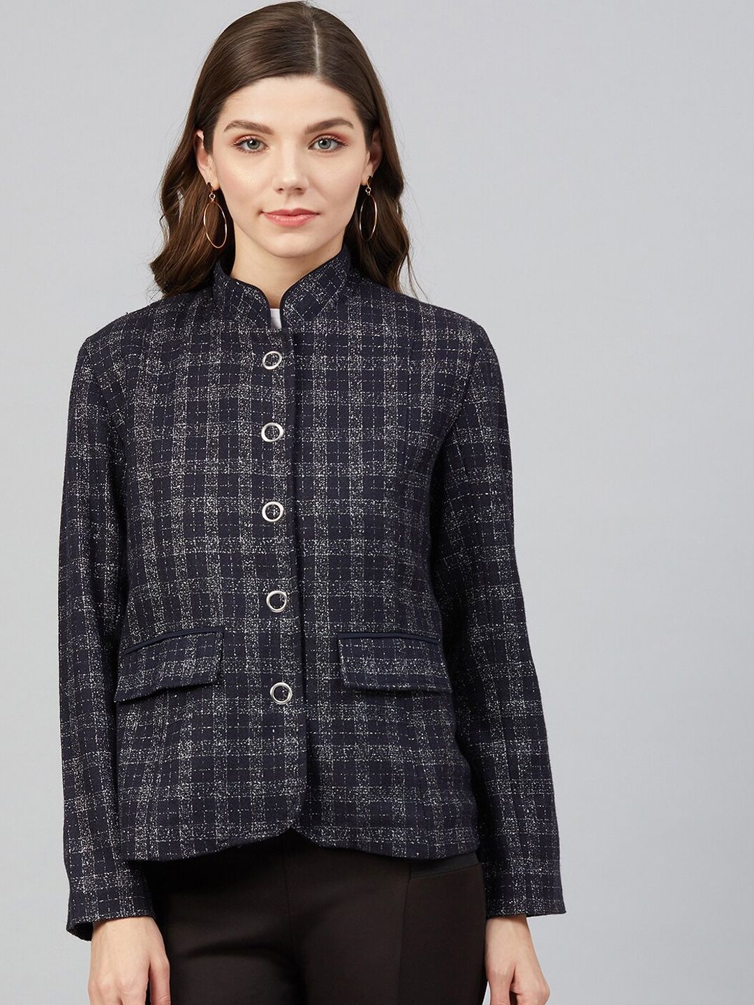 Carlton London Women Navy Blue Checked Tailored Jacket Price in India