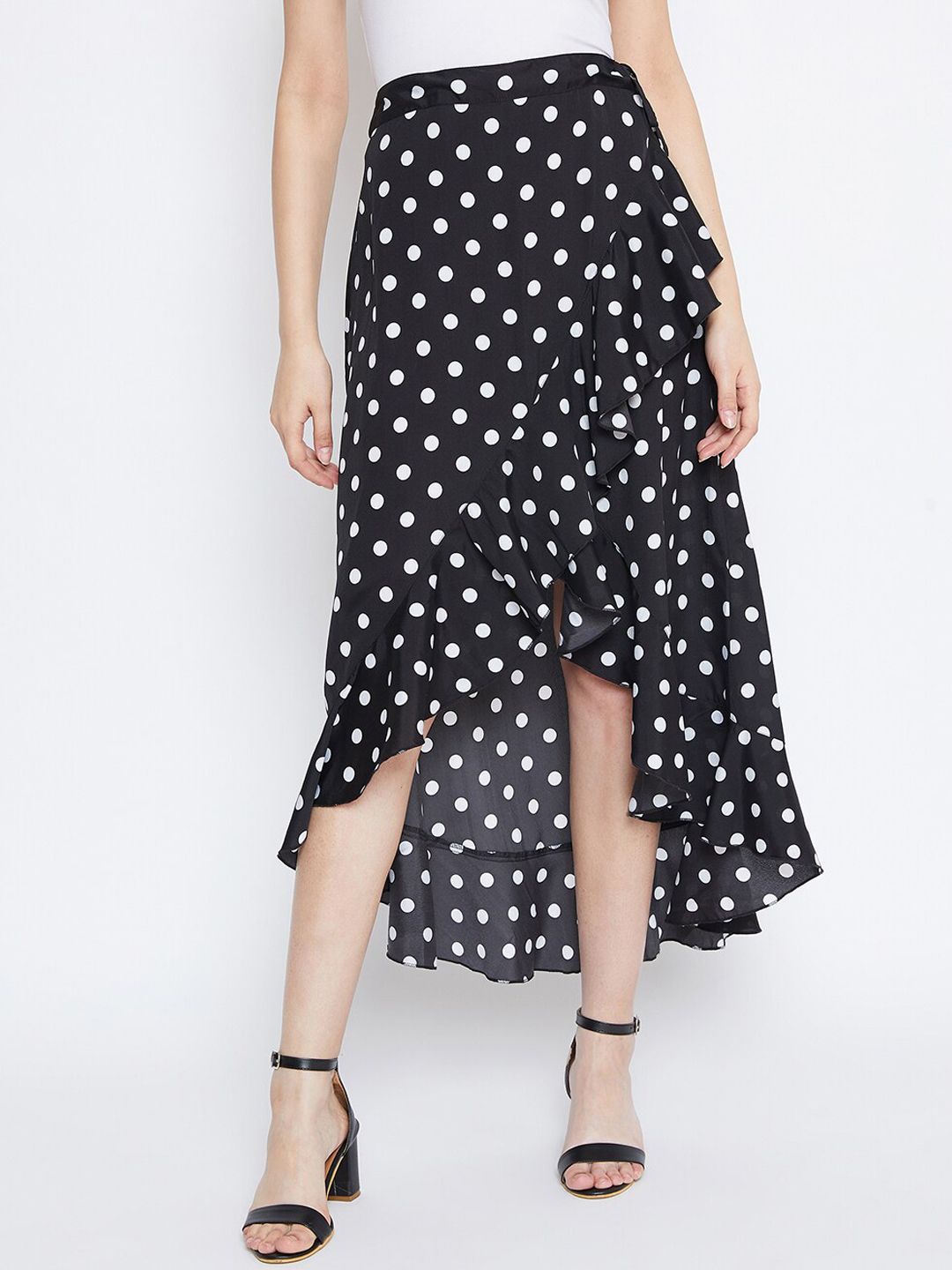 Berrylush Women Black & White Polka Print Wrap Midi Skirt