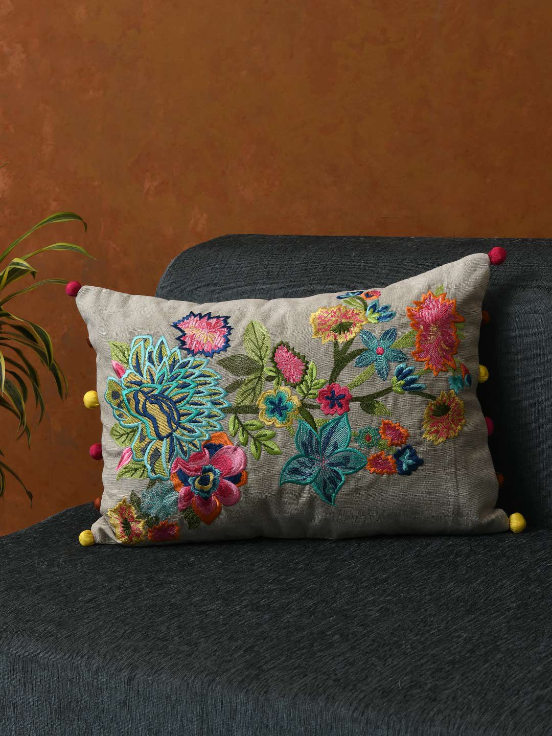 AMOROSA Grey & Green Floral Embroidered Rectangle Cushion Covers Price in India