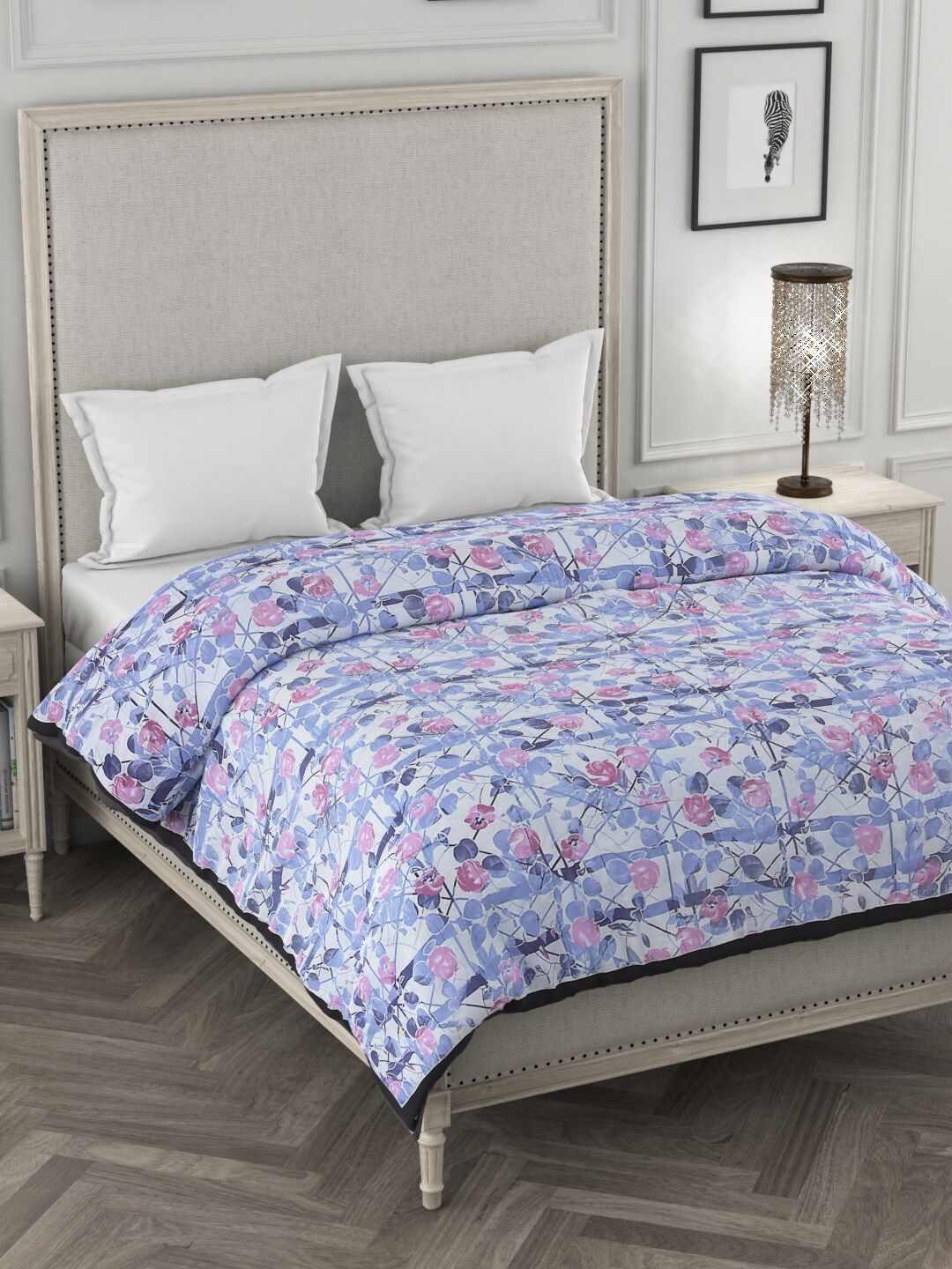 ROSARA HOME Navy Blue & Pink Floral Mild Winter 300 GSM Double Dohar Price in India