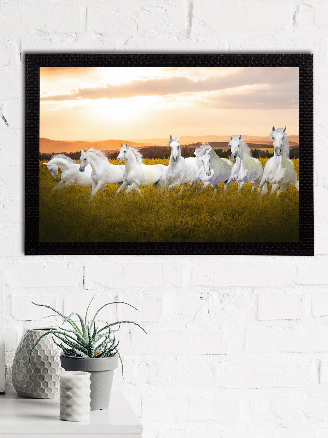 eCraftIndia Beige & White 7 Lucky Running Horses Satin Matt Texture UV Art Painting Price in India