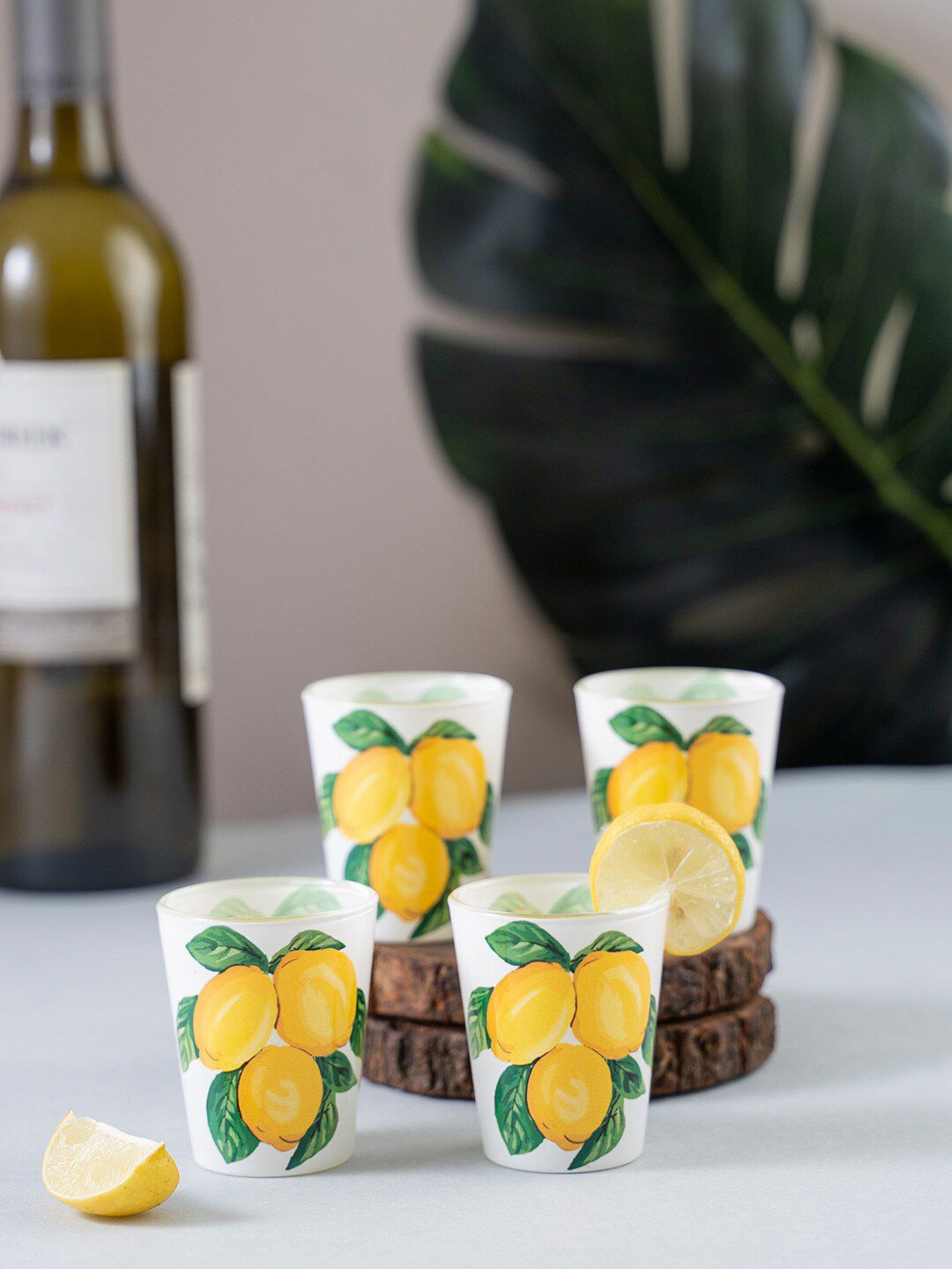 KOLOROBIA Set Of 4 White & Yellow Zesty Lemons Shot Glasses 30 ml Price in India