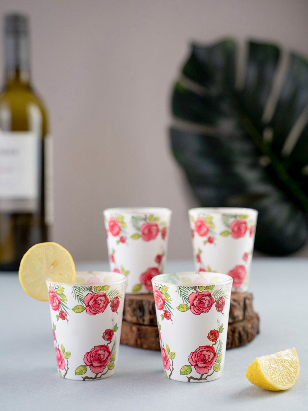 KOLOROBIA Set Of 4 White & Pink Misty Morning Roses White Shot Glasses 30 ml Price in India