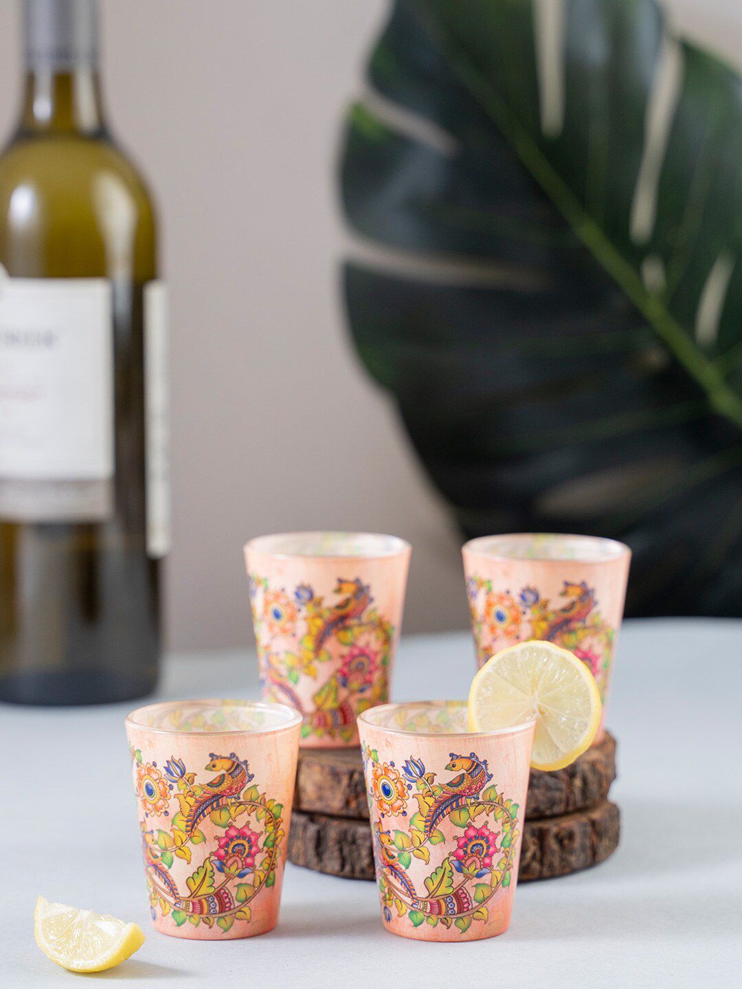 KOLOROBIA Set Of 4 Pink & Green Kalamkari Finesse Shot Glasses 30 ml Price in India