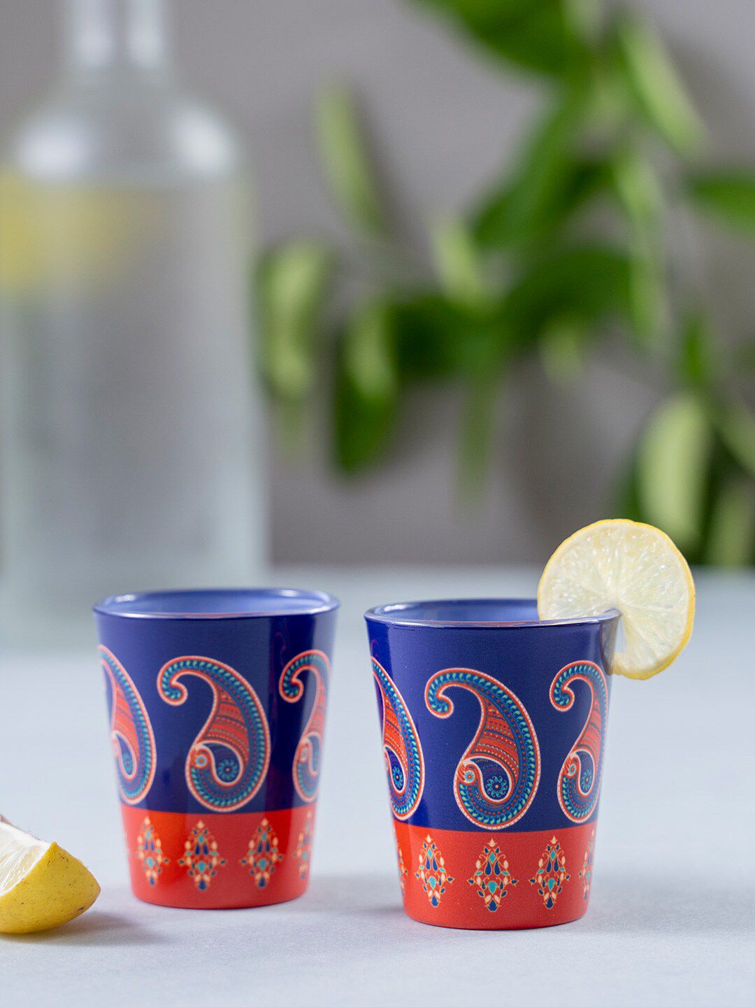 KOLOROBIA Set Of 2 Blue & Red Paisley Printed Splendid Shot Glasses Price in India
