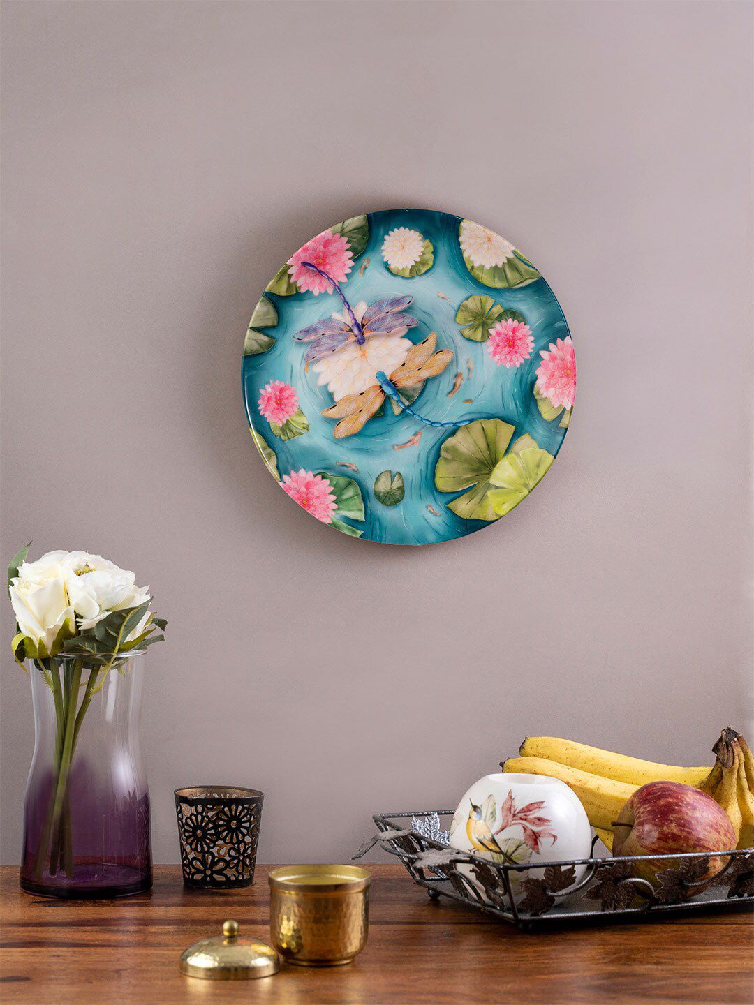 KOLOROBIA Blue & Pink Printed The Water Tale Of Dragonflies Decorative Wall Plate Price in India