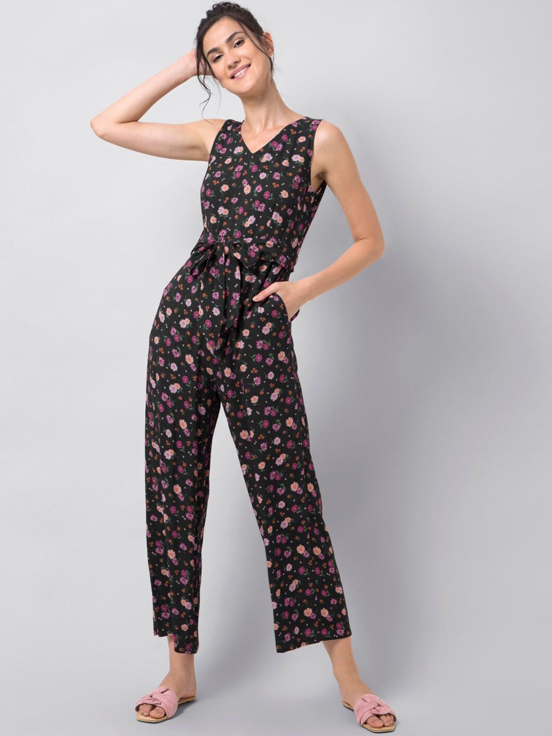 FabAlley Women Black & Pink Floral Printed Basic Jumpsuit Price in India