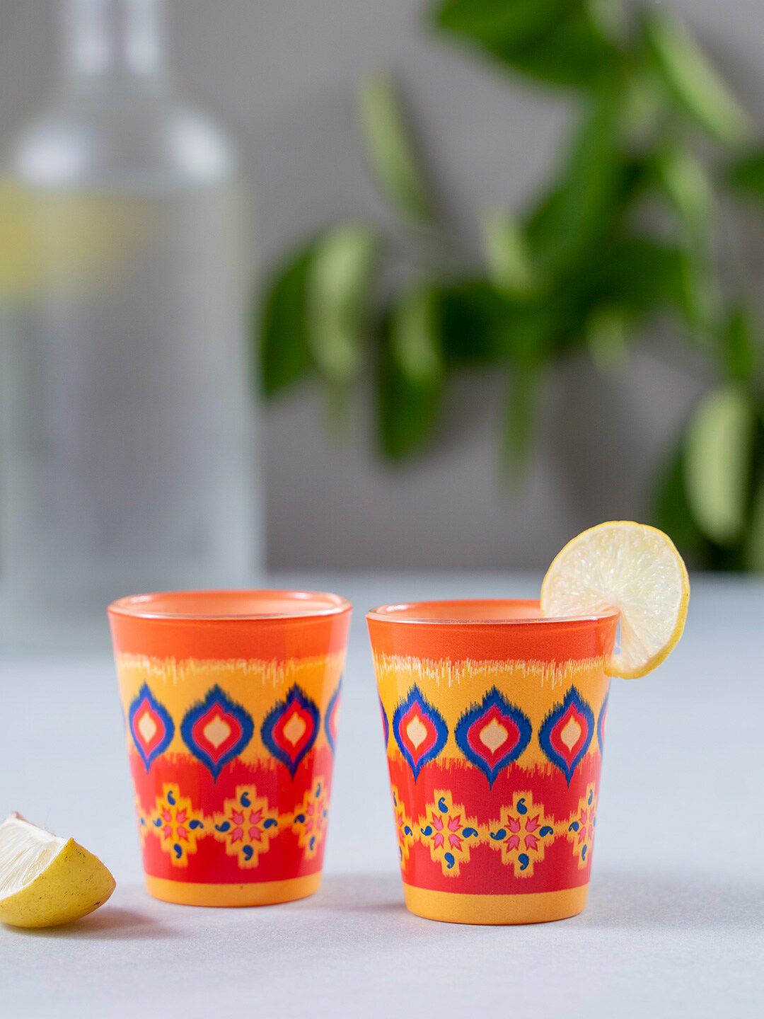 KOLOROBIA Set of 2 Orange & Blue Ikat Shot Glasses Price in India