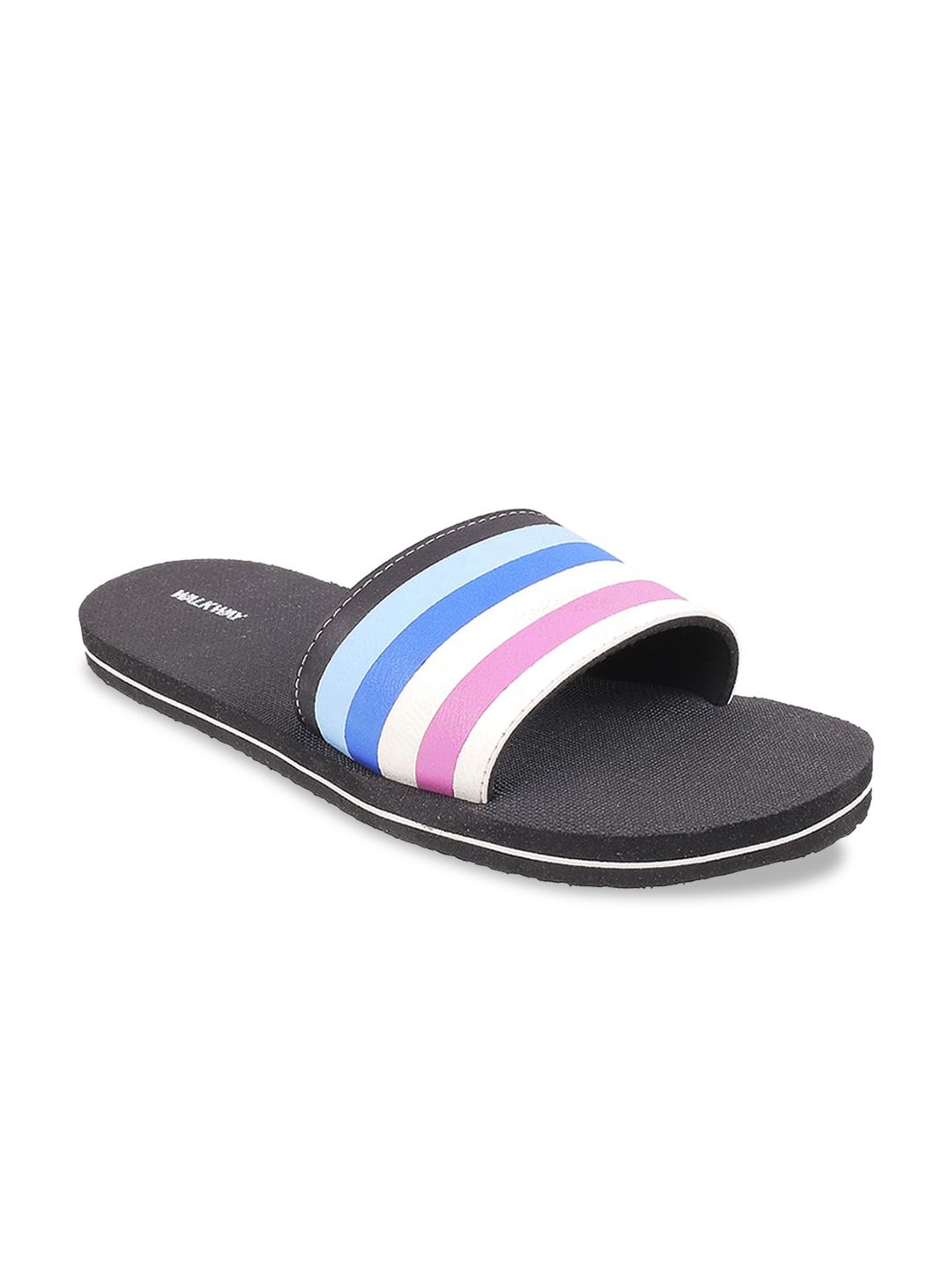 WALKWAY by Metro Women Black & Blue Striped Sliders Price in India