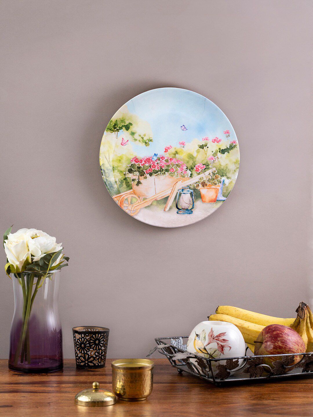KOLOROBIA Blue & Pink Printed A Homely Garden Decorative Wall Plate Price in India