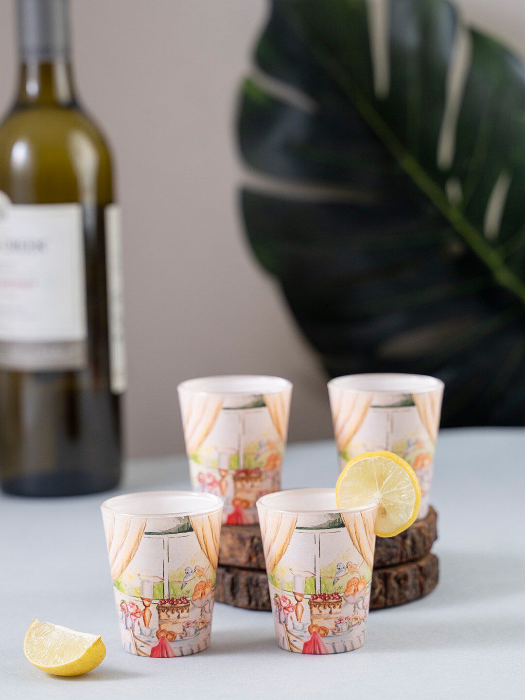 KOLOROBIA Set Of 4 Off-White & Brown English Tea Party Printed Shot Glasses 30 ml Price in India