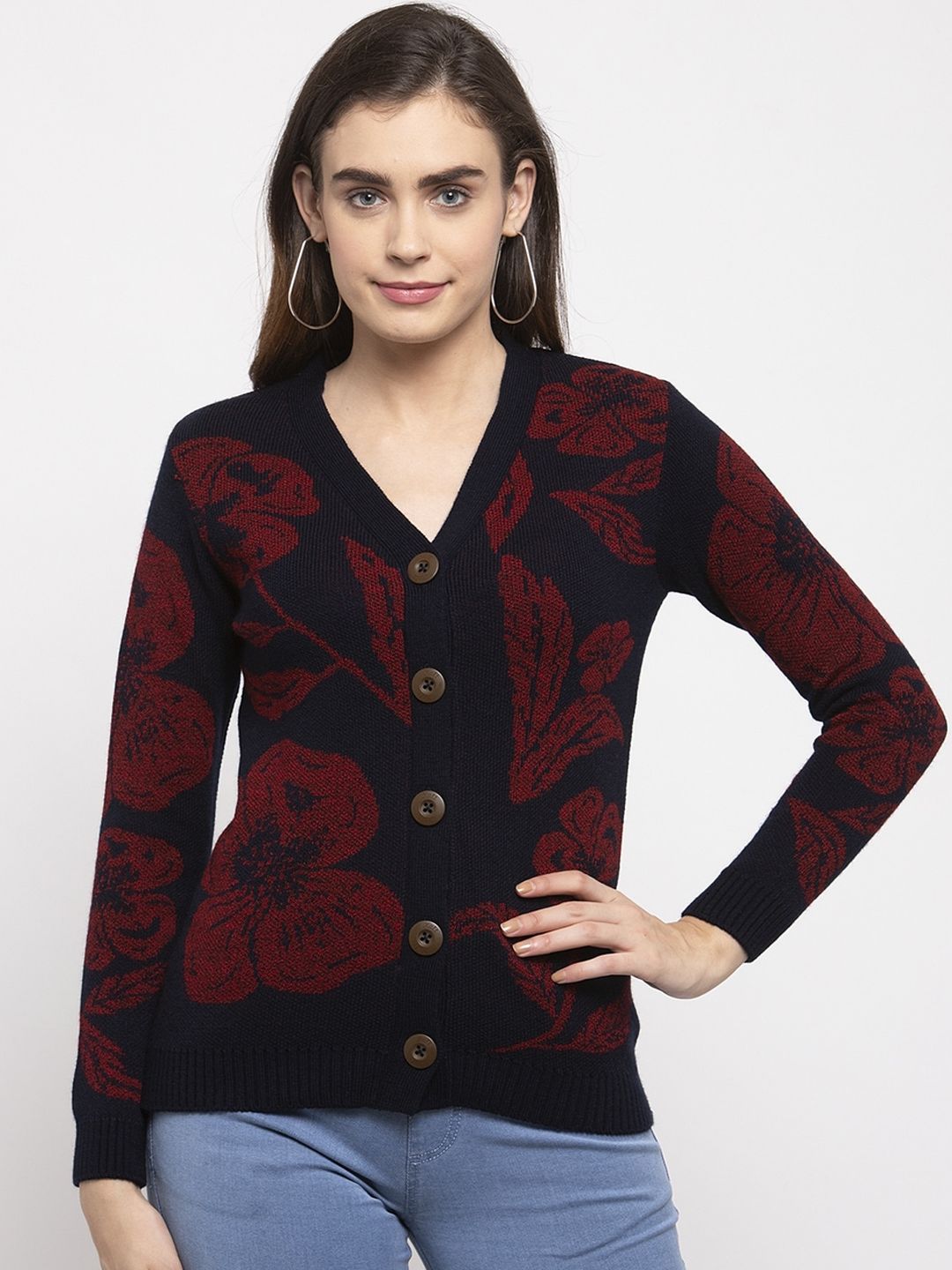 Kalt Women Navy Blue & Maroon Printed Cardigan Price in India