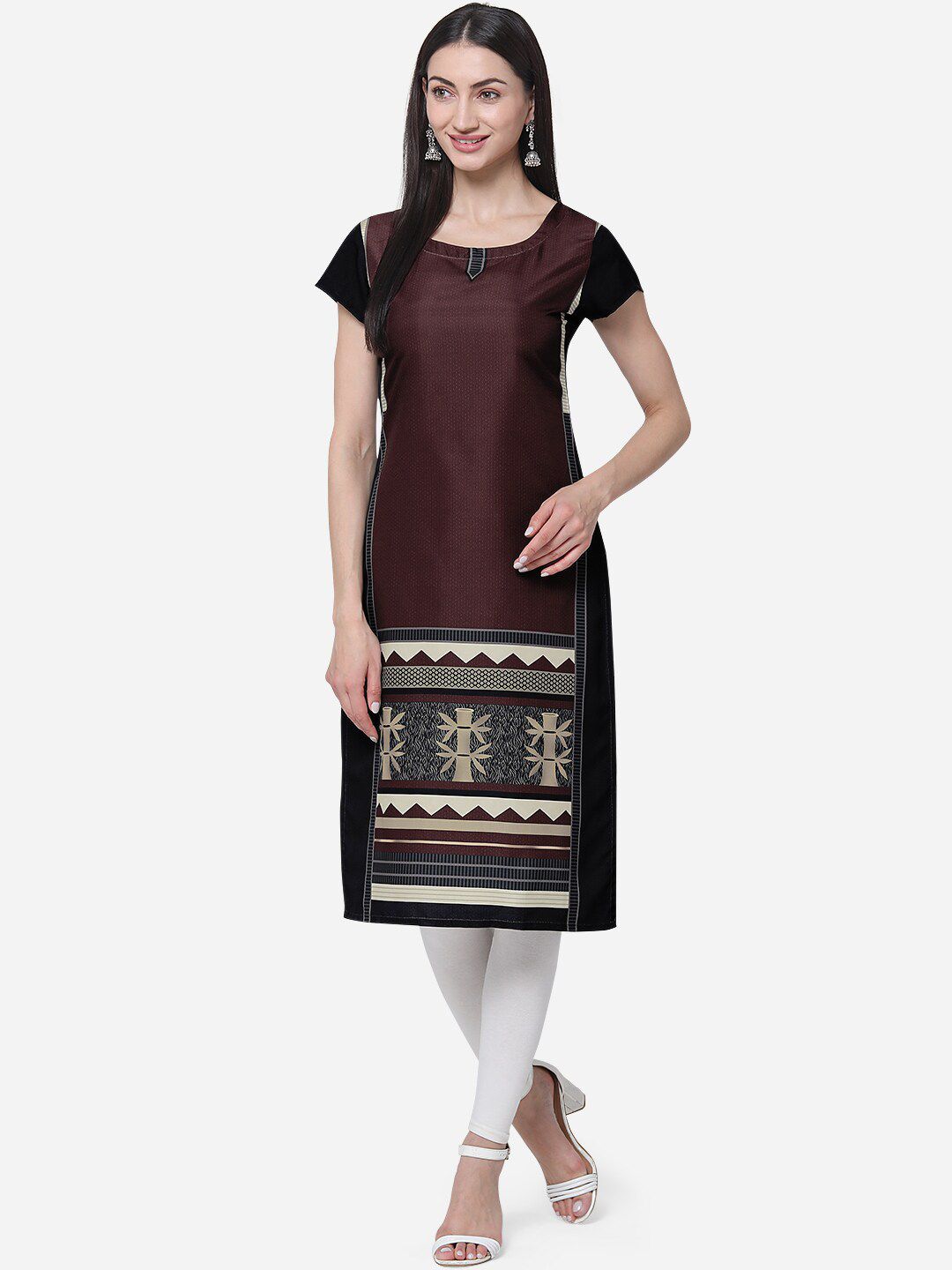 Kvsfab Women Brown & Black Printed Straight Kurta