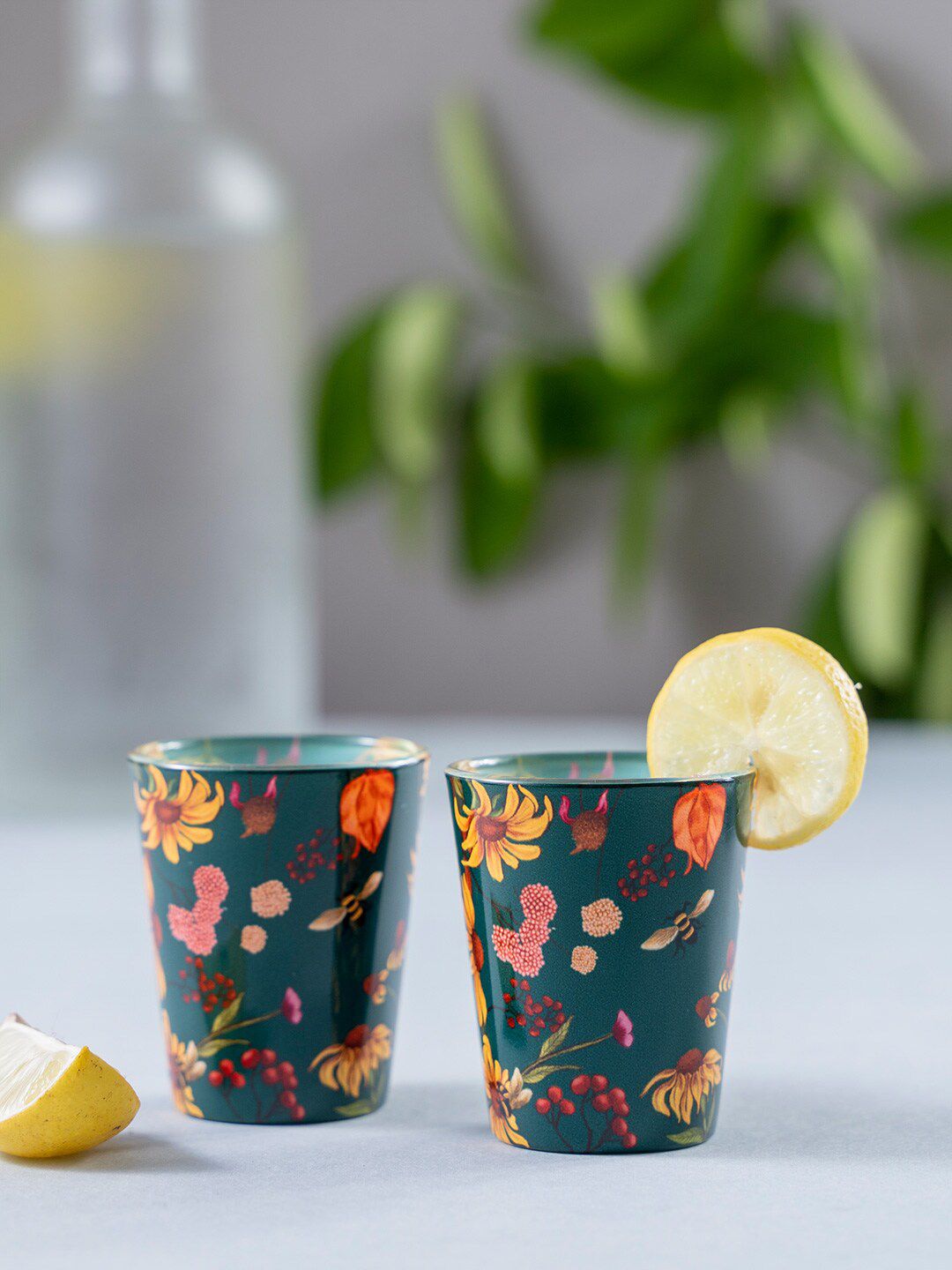 KOLOROBIA Set of 2 Green & Yellow Kolorobia Floral Bliss Shot Glasses 30 ml Price in India