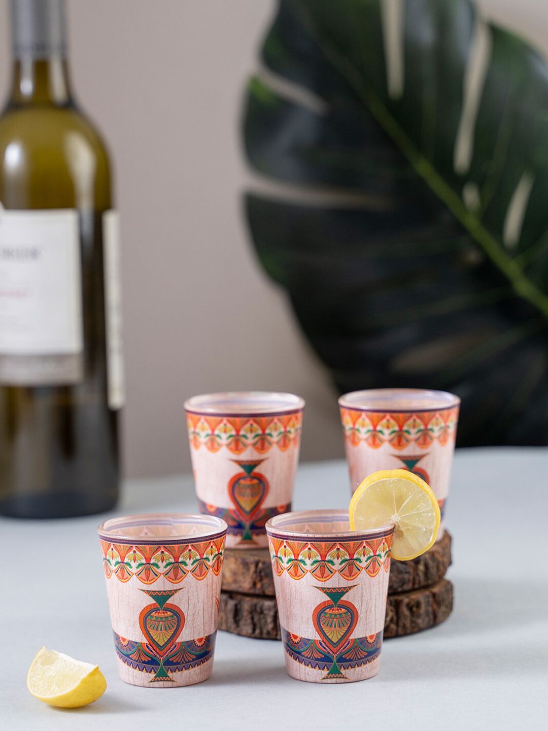 KOLOROBIA Set Of 4 Pink & Orange Sylvan Egyptian Printed Shot Glasses 30 ml Price in India