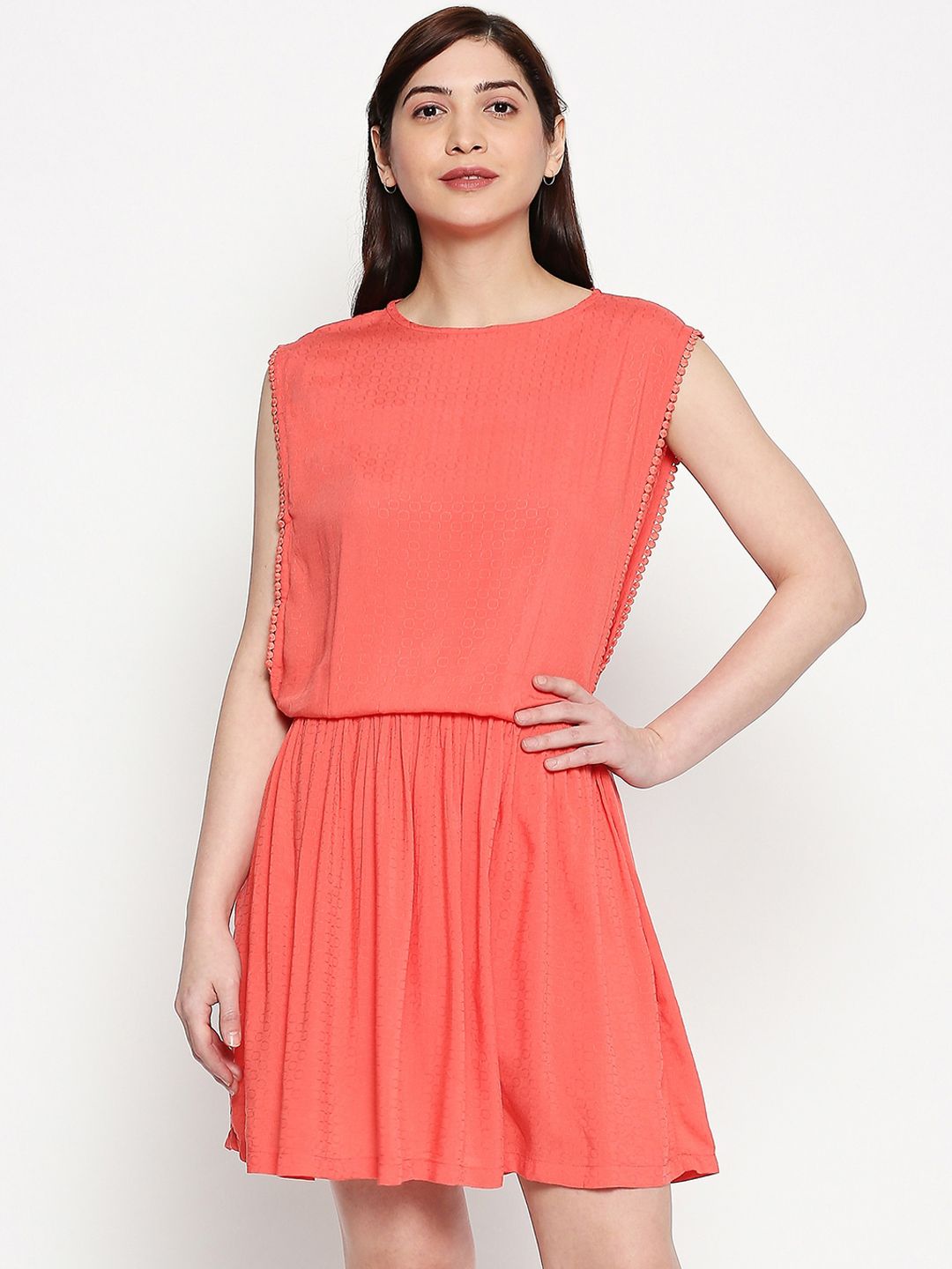 inocenCia Women Peach-Coloured Solid Fit and Flare Dress