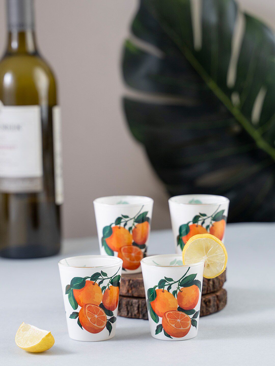 KOLOROBIA Set Of 4 White & Orange Juicy Italian Oranges Printed Shot Glasses 30 ml Price in India