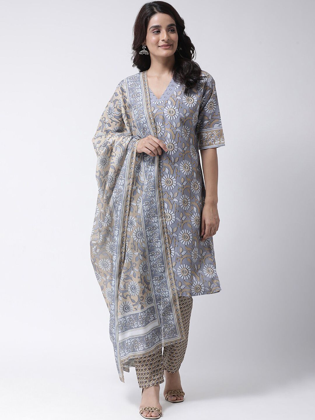 Hangup Women Grey & White Floral Printed Hangup Dupatta Price in India