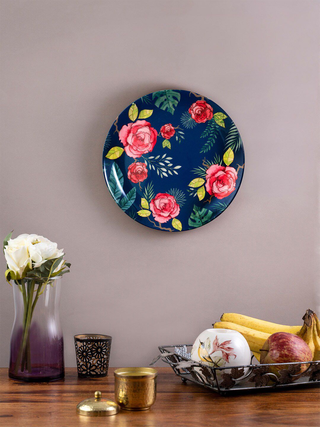KOLOROBIA Blue & Pink Misty Morning Roses Decorative Wall Plate Price in India