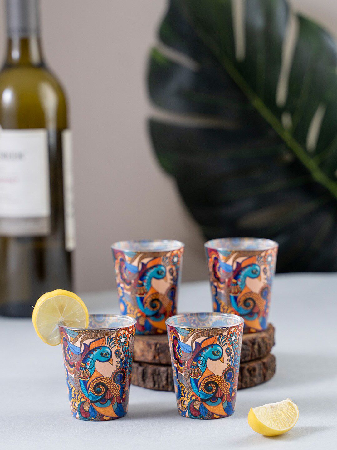 KOLOROBIA Set Of 4 Brown & Blue Peacock Admiration Shot Glasses 30 ml Price in India
