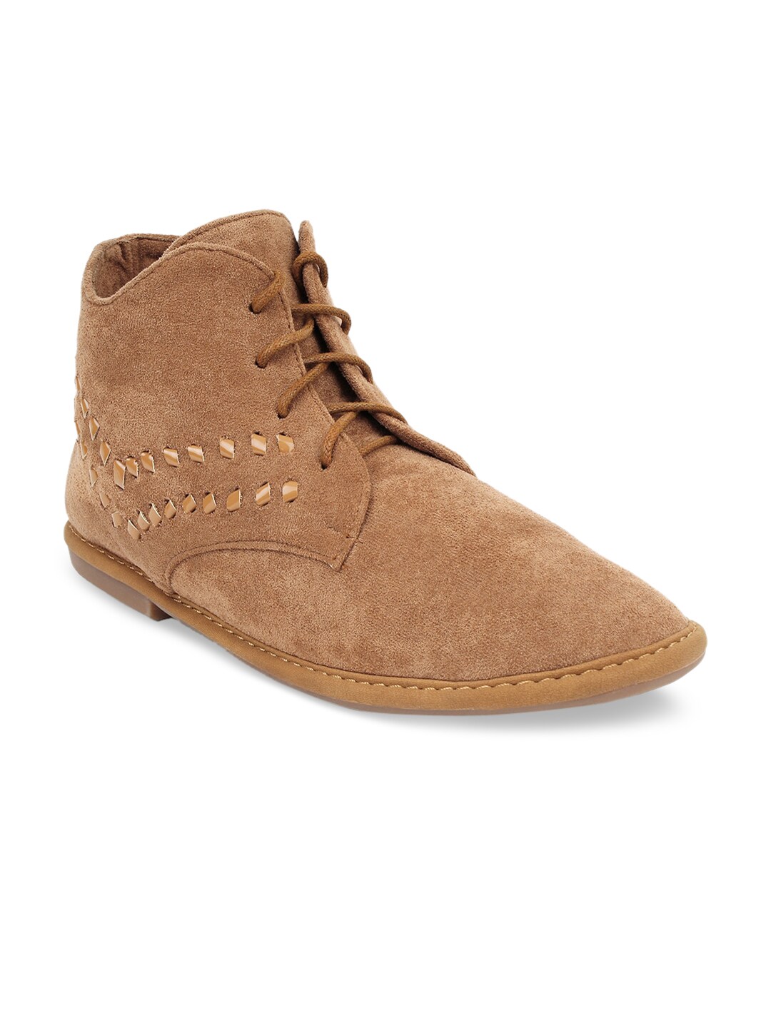 MSC Women Beige Solid Synthetic Suede Mid-Top Flat Boots Price in India
