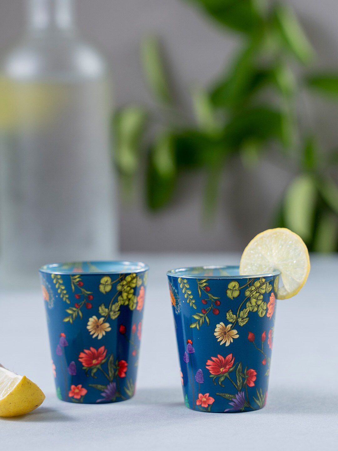 KOLOROBIA Set Of 2 Blue & Green Floral Printed Bliss Shot Glasses Price in India