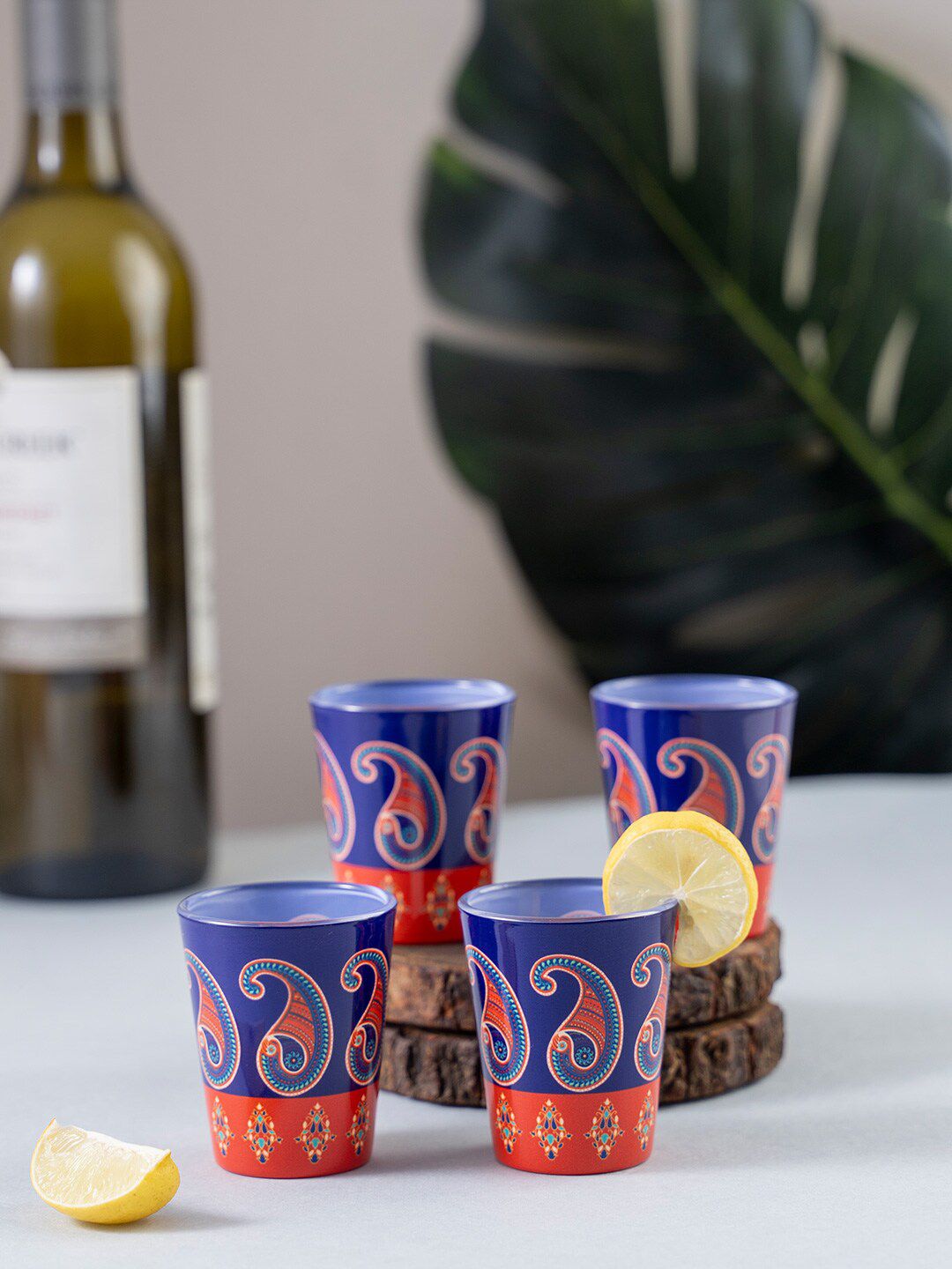 KOLOROBIA Set of 4 Blue & Red Splendid Paisely Shot Glasses 30 ml Price in India