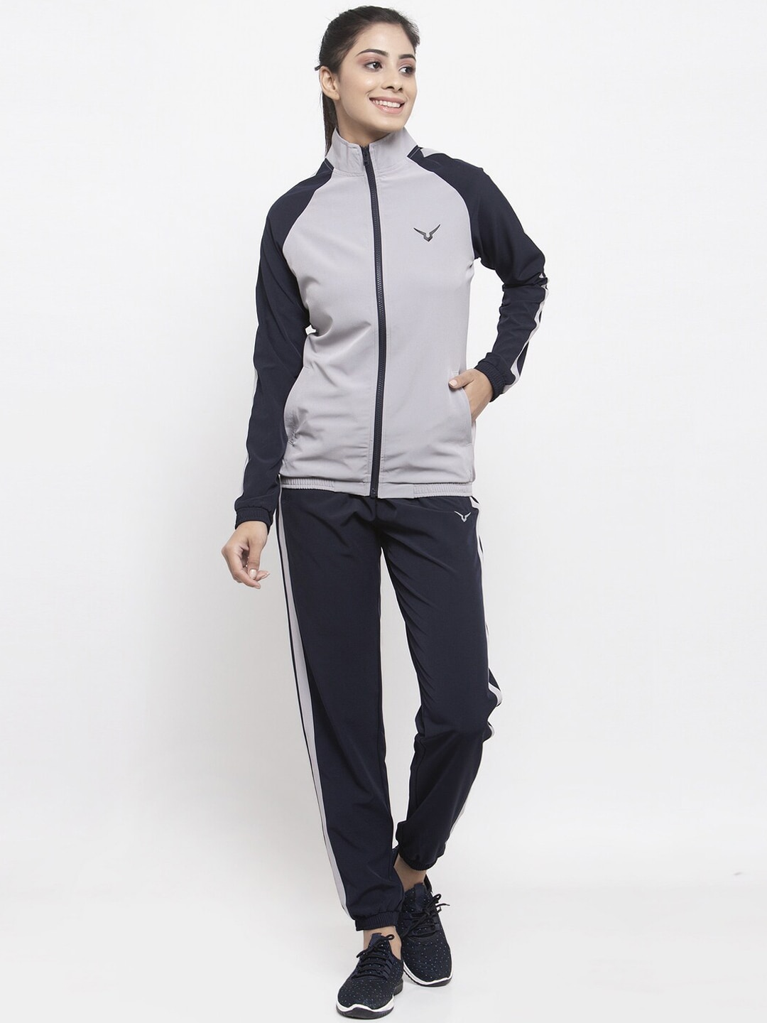 Invincible Women Navy Blue & Grey Colourblocked Tracksuit Price in India