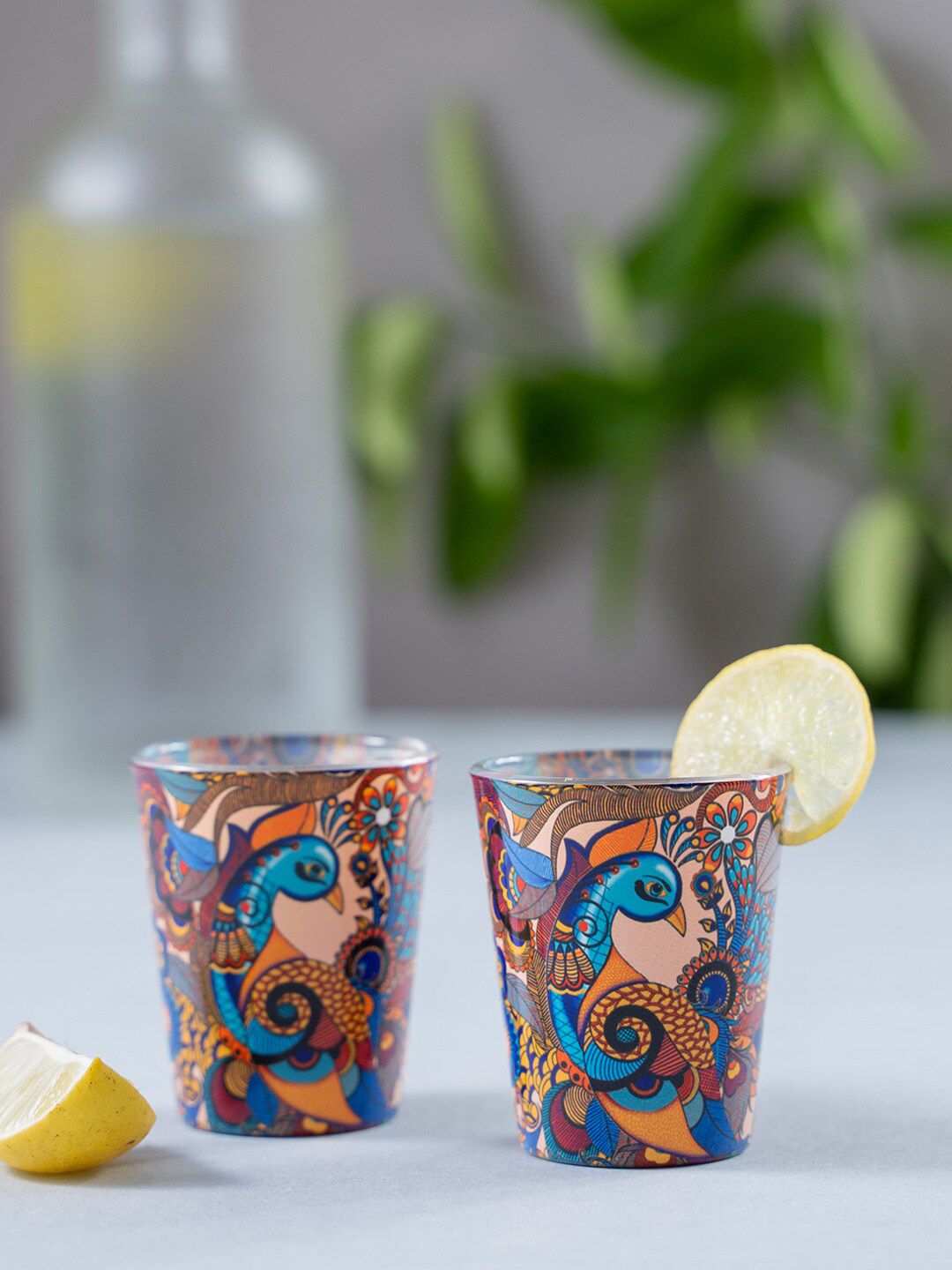 KOLOROBIA Set of 2 Blue & Beige Peacock Admiration Shot Glasses 30ml Price in India