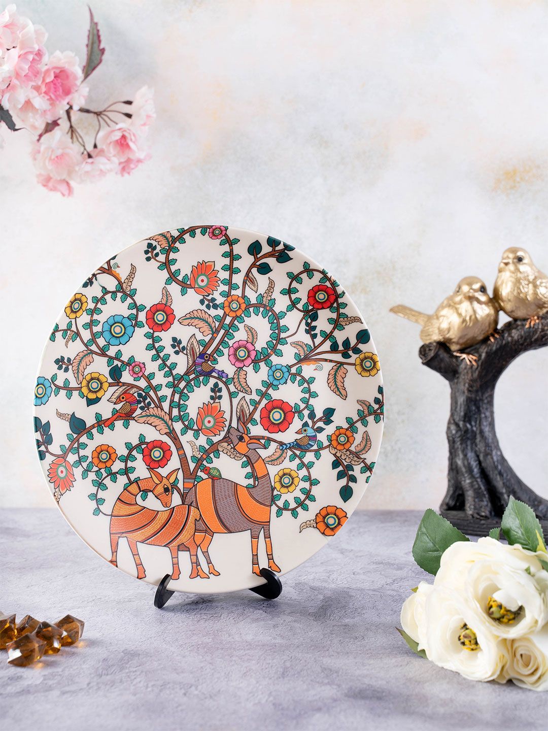 KOLOROBIA White & Brown Madhubani Art Inspired Decorative Wall Plate Price in India