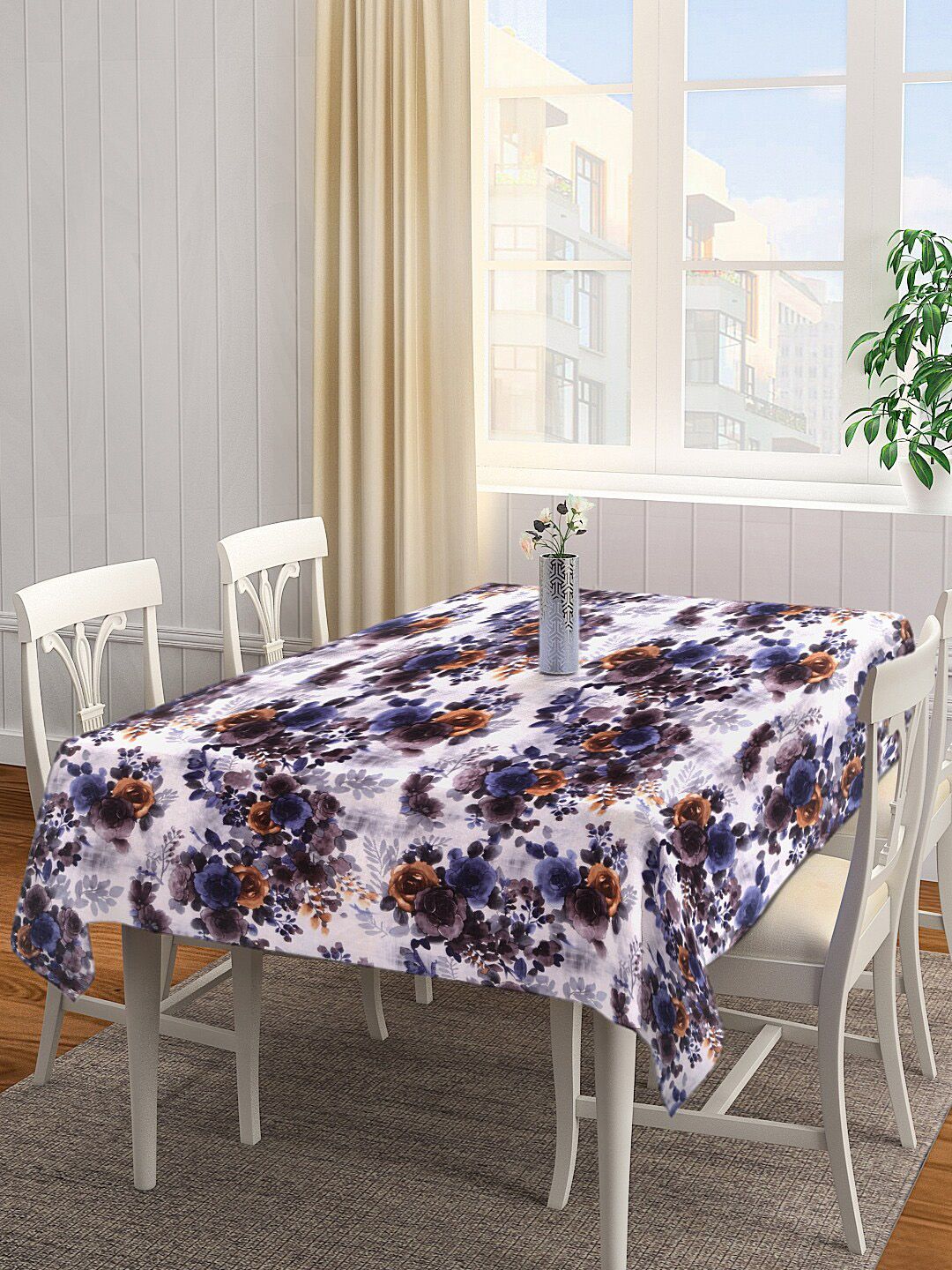 KLOTTHE White & Blue Floral Print Square Table Cover Price in India