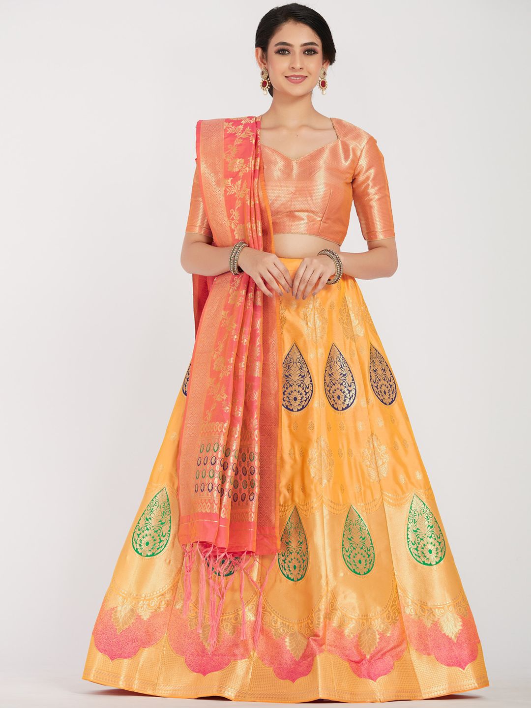 MIMOSA Women Yellow & Pink Woven-Design Semi-Stitched Lehenga & Unstitched Blouse with Dupatta