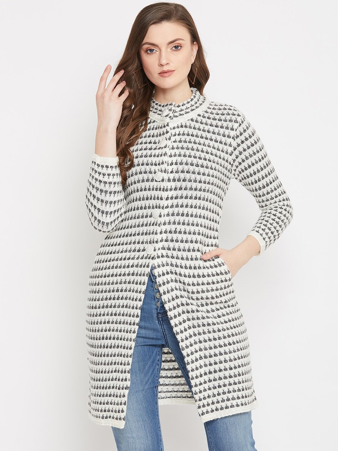Zigo Women White & Black Self Design Longline Knitted Cardigan Price in India