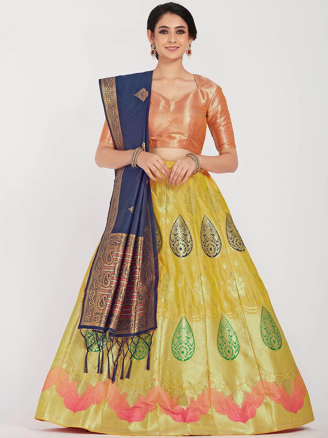 MIMOSA Women Yellow & Navy Blue Woven-Design Semi-Stitched Lehenga & Unstitched Blouse with Dupatta