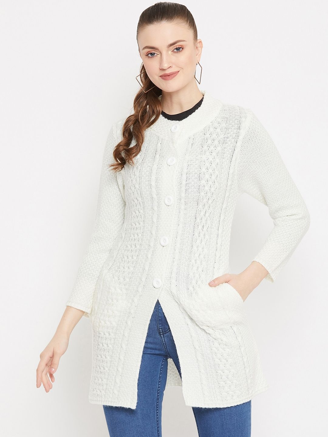Zigo Women White Self Design Longline Knitted Cardigan Price in India