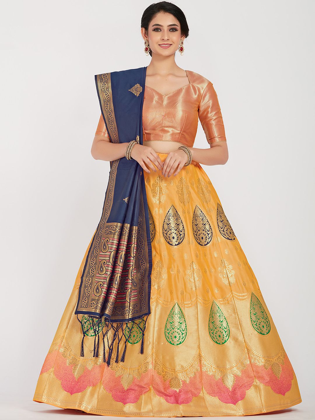 MIMOSA Mustard Yellow & Orange Woven-Design Semi-Stitched Lehenga & Unstitched Blouse With Dupatta