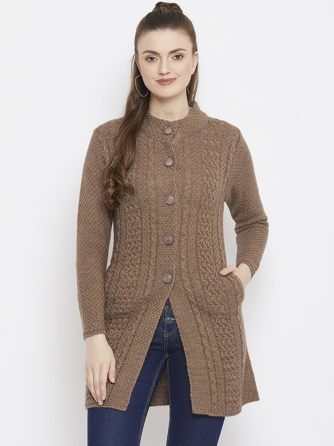 Zigo Women Brown Self Design Longline Sweater Price in India