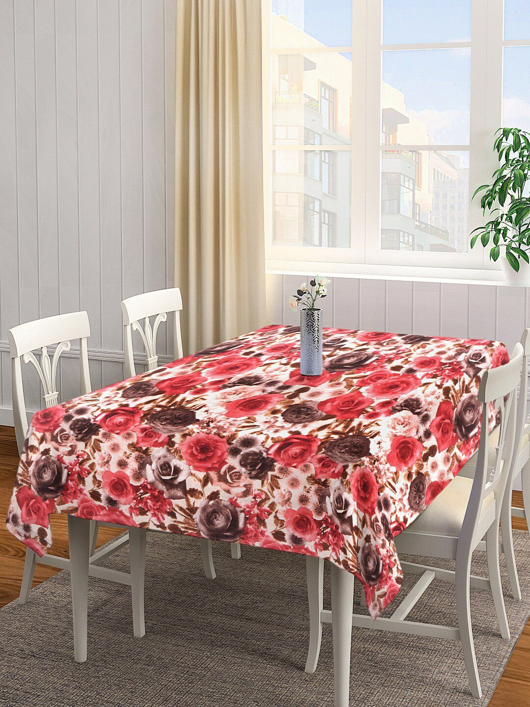 KLOTTHE White & Red Floral Print Square Table Cover Price in India