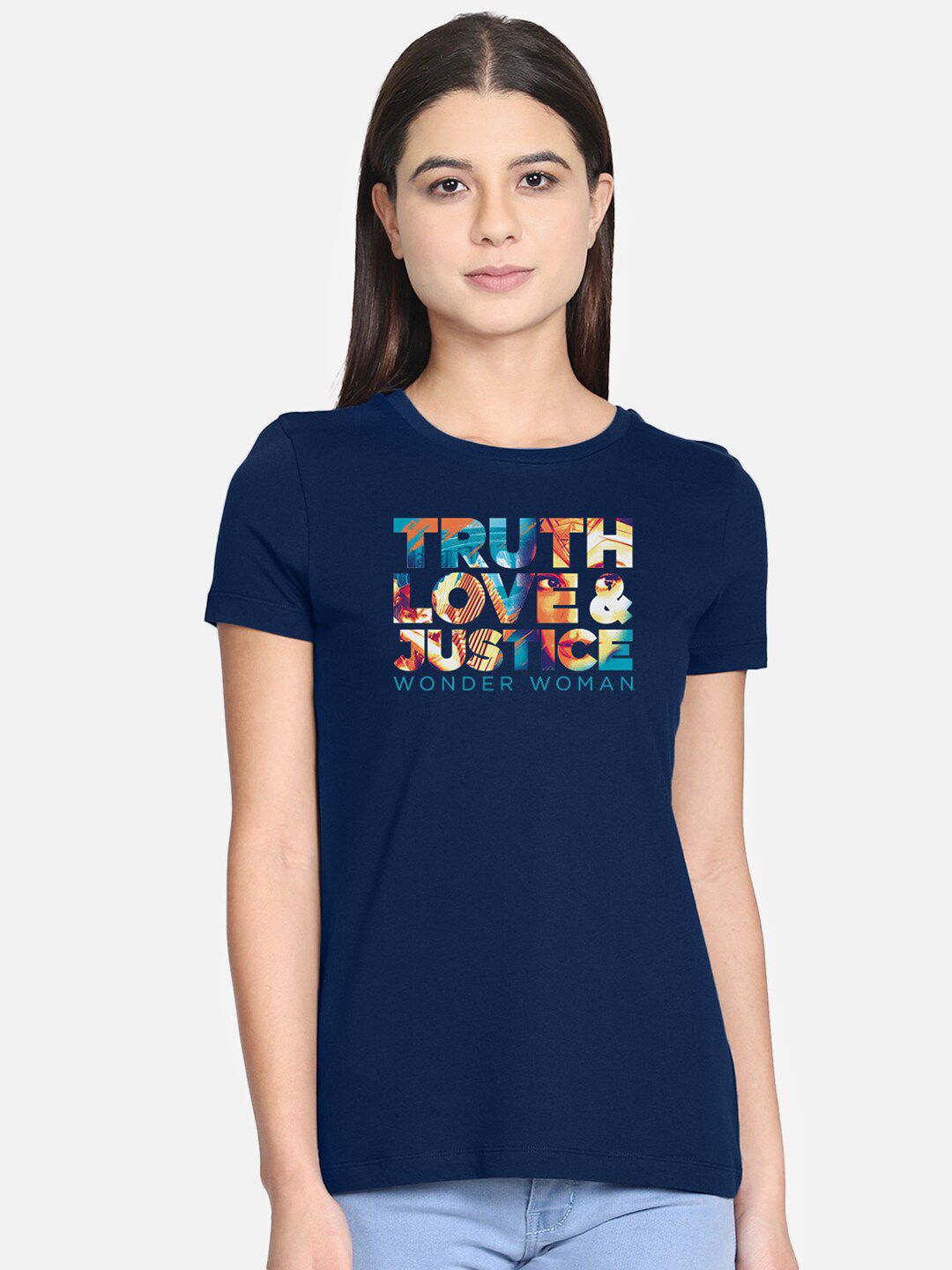 Free Authority Women Blue Printed Round Neck T-shirt