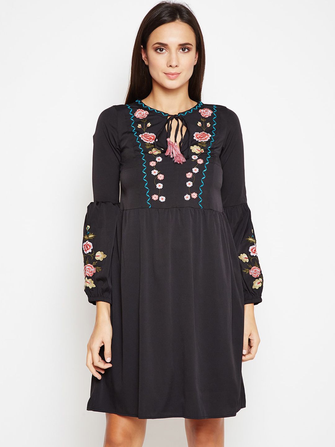 Oxolloxo Women Black Embroidered Fit and Flare Dress