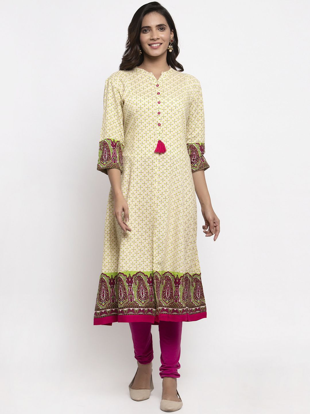 Kiaasa Women Off-White & Green Printed A-Line Kurta