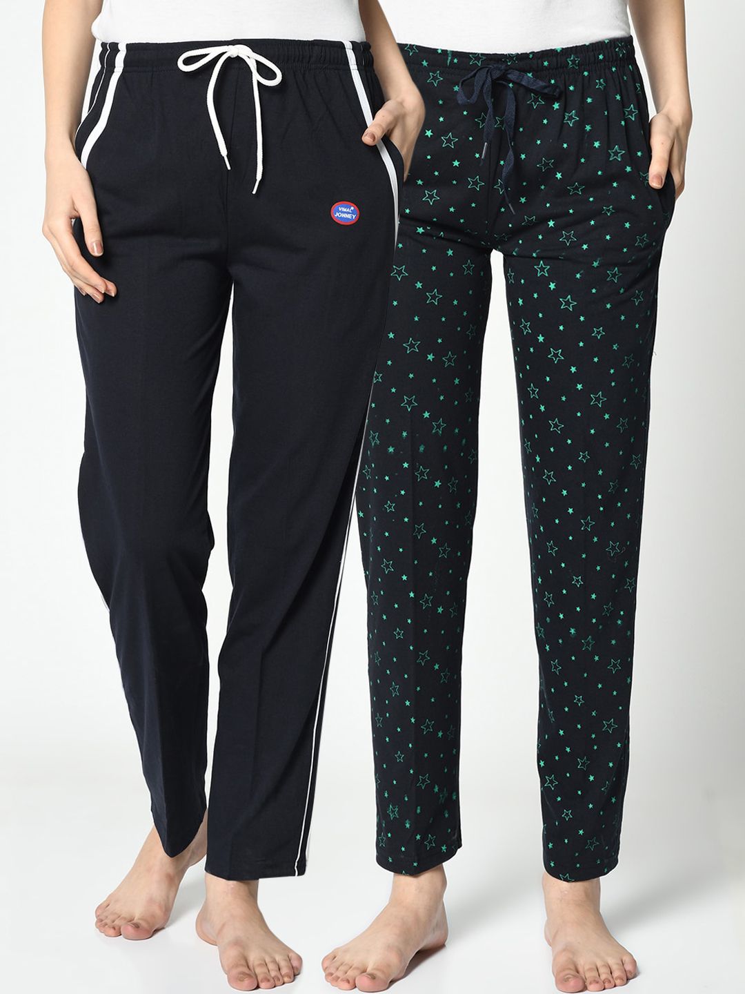 VIMAL JONNEY Women Pack of 2 Navy Blue & Black Printed Lounge Pants Price in India