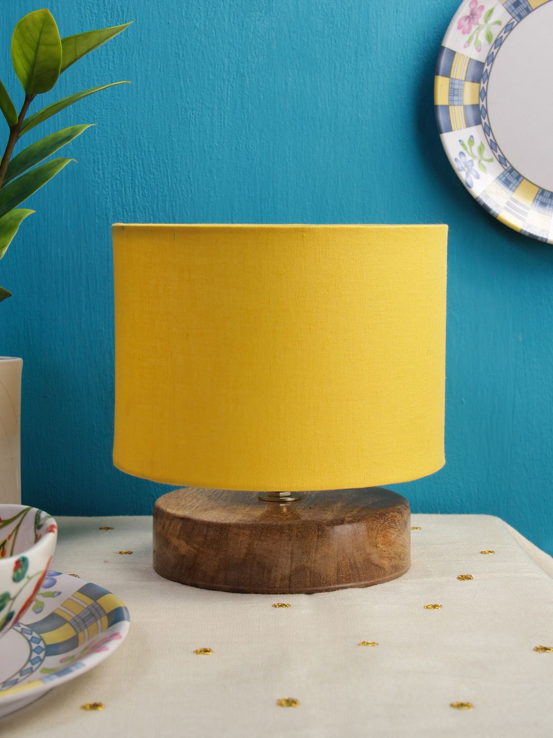 Devansh Yellow Solid Drum Designer Shade Column Table Lamp with Wood Base Price in India