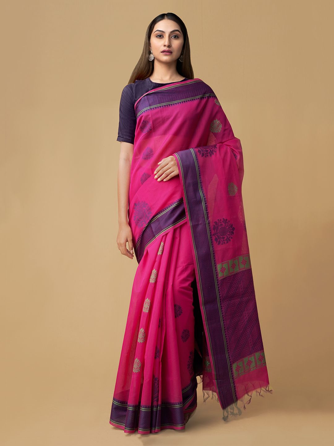 Unnati Silks Pink Silk Cotton Woven Design Handloom Uppada Saree