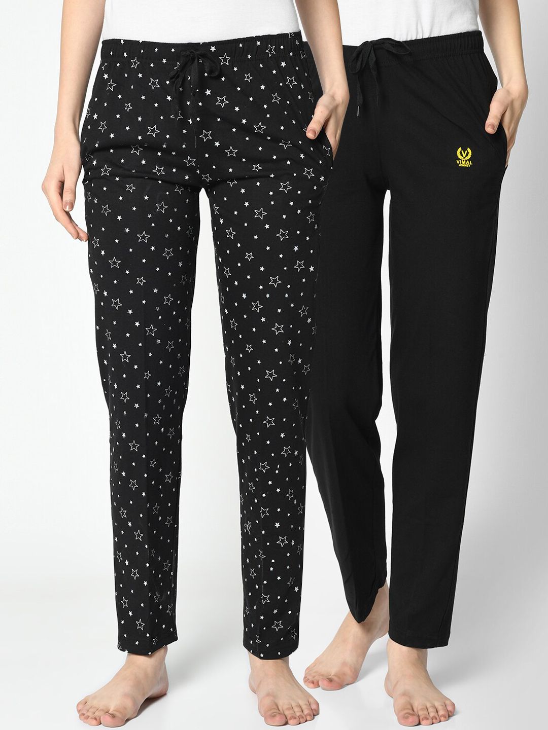 VIMAL JONNEY Women Pack of 2 Black & White Solid Lounge Pants Price in India