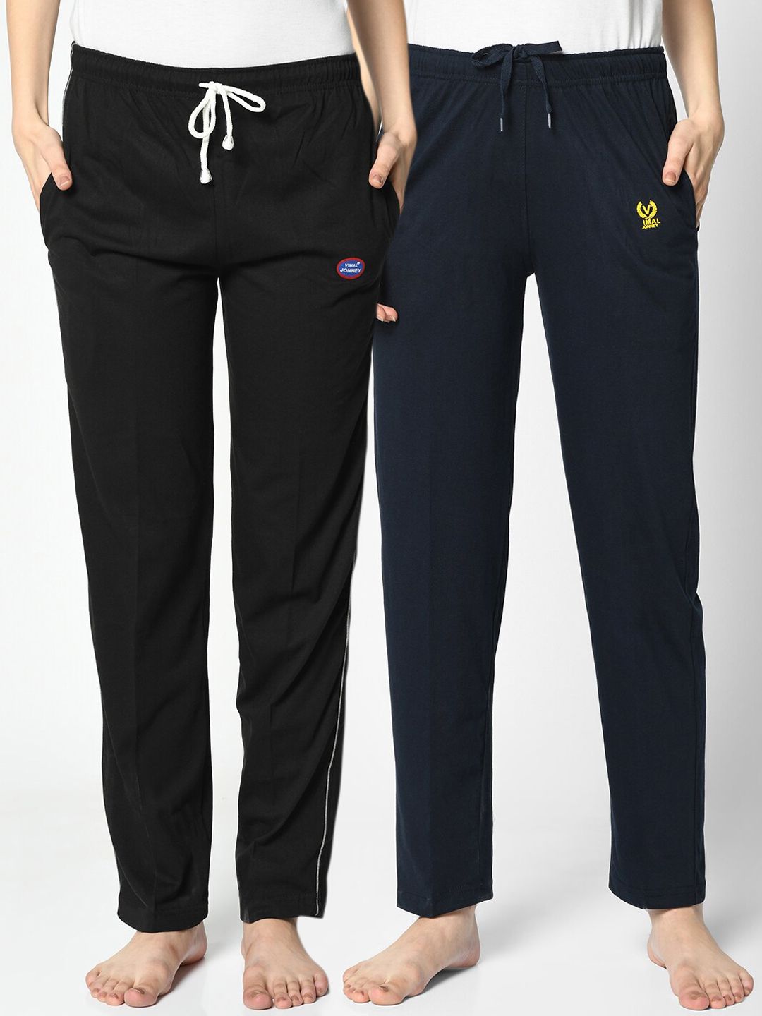 VIMAL JONNEY Women Pack of 2 Black & Navy Blue Solid Lounge Pants Price in India